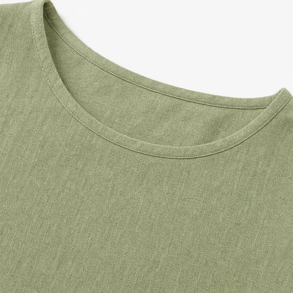 Green Women's Relaxed-Fit Linen Blend Top with Side-Button Detail & Roll-Tab Sleeves — Lucia - Neckline Flat Detail