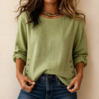 Green Women's Relaxed-Fit Linen Blend Top with Side-Button Detail & Roll-Tab Sleeves