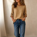 Women's Relaxed-Fit Linen Blend Top with Side-Button Detail & Roll-Tab Sleeves - Front Studio Pose