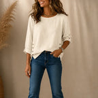 Khaki Women's Relaxed-Fit Linen Blend Top with Side-Button Detail & Roll-Tab Sleeves — Lucia