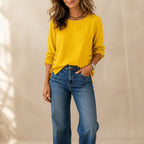 Yellow Women's Relaxed-Fit Linen Blend Top with Side-Button Detail & Roll-Tab Sleeves — Lucia