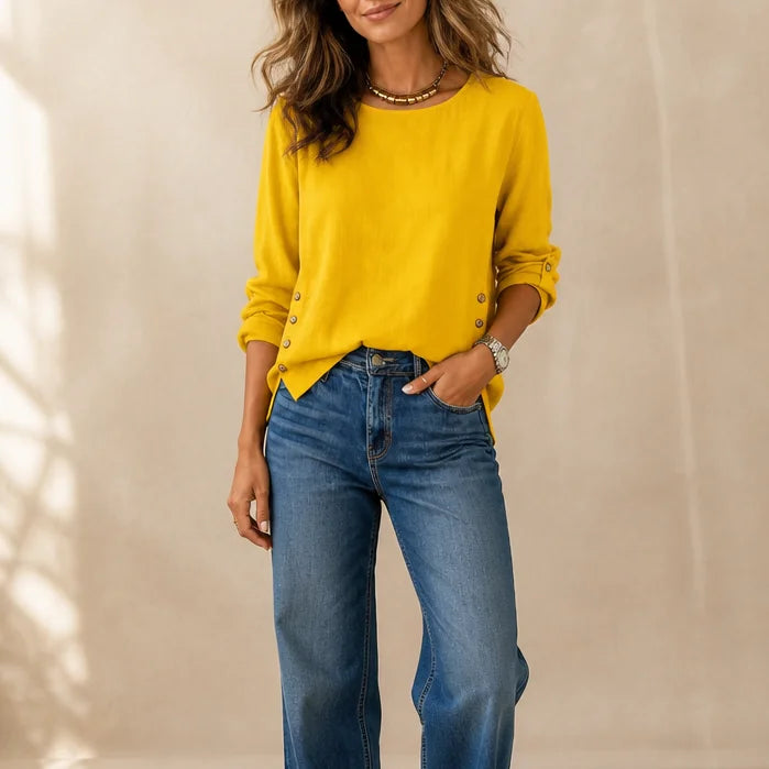 Yellow Women's Relaxed-Fit Linen Blend Top with Side-Button Detail & Roll-Tab Sleeves — Lucia