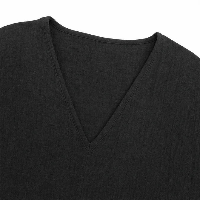 Black Women's V-Neck Linen Blouse — Elise Curved Hem Three-Quarter Sleeve Relaxed - Flat Lay Neckline Detail