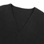 Black Women's V-Neck Linen Blouse — Elise Curved Hem Three-Quarter Sleeve Relaxed - Flat Lay Neckline Detail