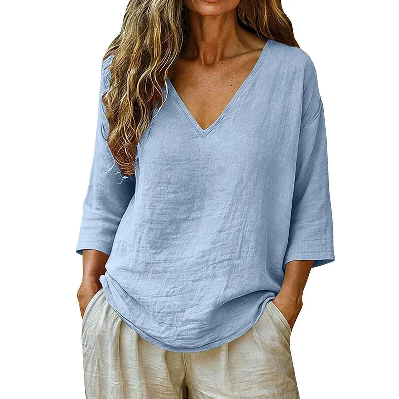 Blue Women's V-Neck Linen Blouse — Elise Curved Hem Three-Quarter Sleeve Relaxed - Studio Front