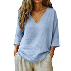 Blue Women's V-Neck Linen Blouse — Elise Curved Hem Three-Quarter Sleeve Relaxed - Studio Front