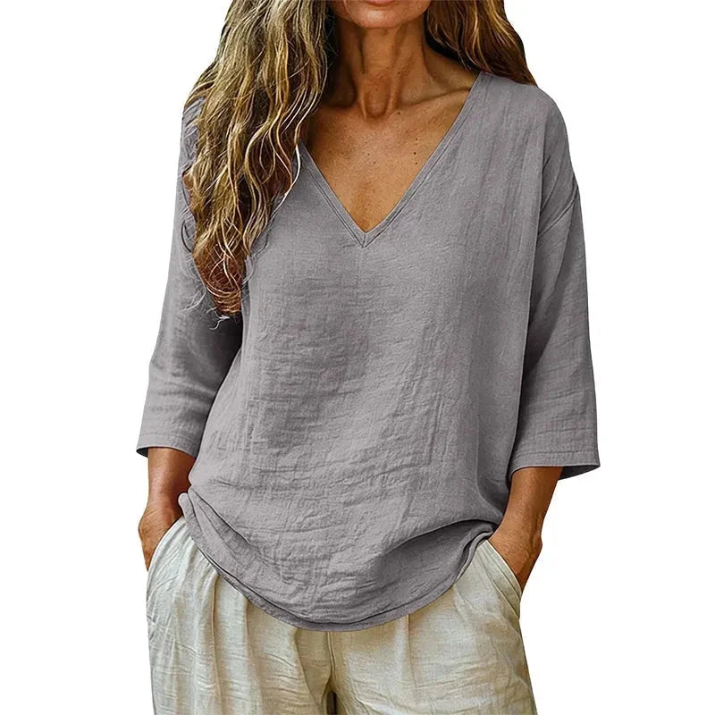 Gray Women's V-Neck Linen Blouse — Elise Curved Hem Three-Quarter Sleeve Relaxed - Studio Front