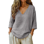 Gray Women's V-Neck Linen Blouse — Elise Curved Hem Three-Quarter Sleeve Relaxed - Studio Front