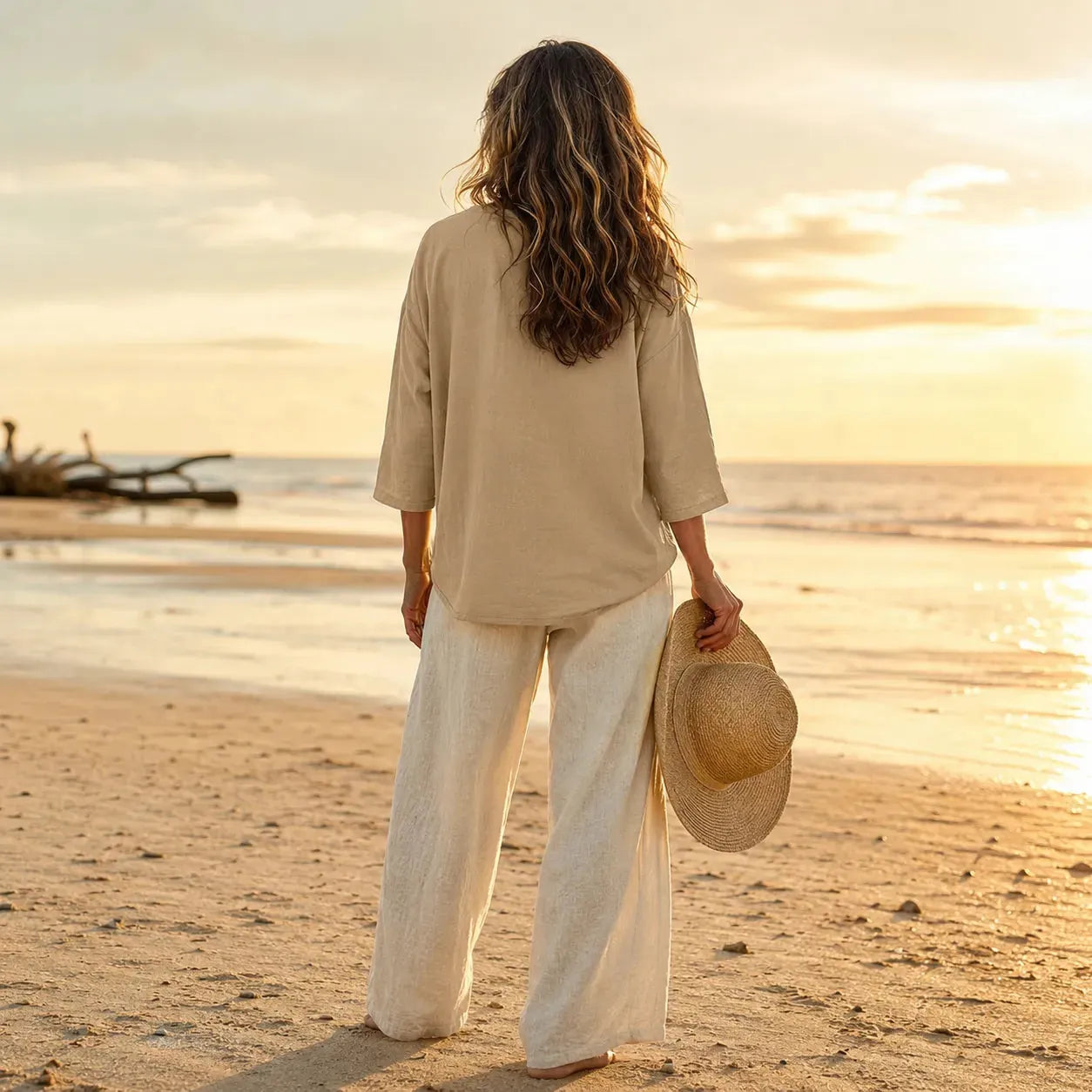 Khaki Women's V-Neck Linen Blouse — Elise Curved Hem Three-Quarter Sleeve Relaxed - Back Beach Pose