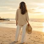 Khaki Women's V-Neck Linen Blouse — Elise Curved Hem Three-Quarter Sleeve Relaxed - Back Beach Pose