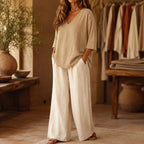 Khaki Women's V-Neck Linen Blouse — Elise Curved Hem Three-Quarter Sleeve Relaxed - Front Full Pockets