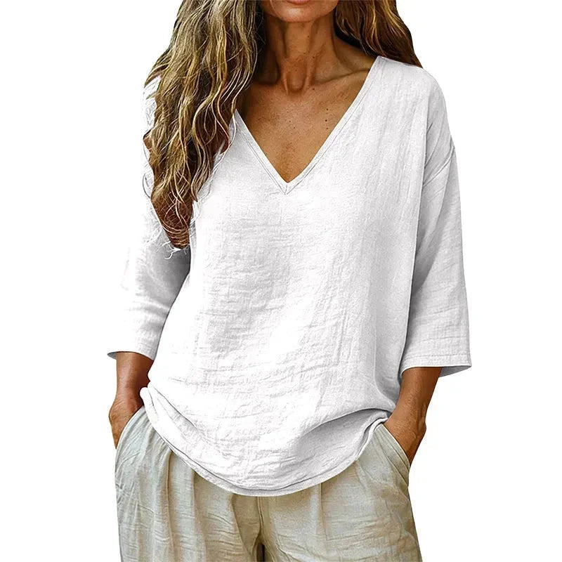 White Women's V-Neck Linen Blouse — Elise Curved Hem Three-Quarter Sleeve Relaxed - Studio Front