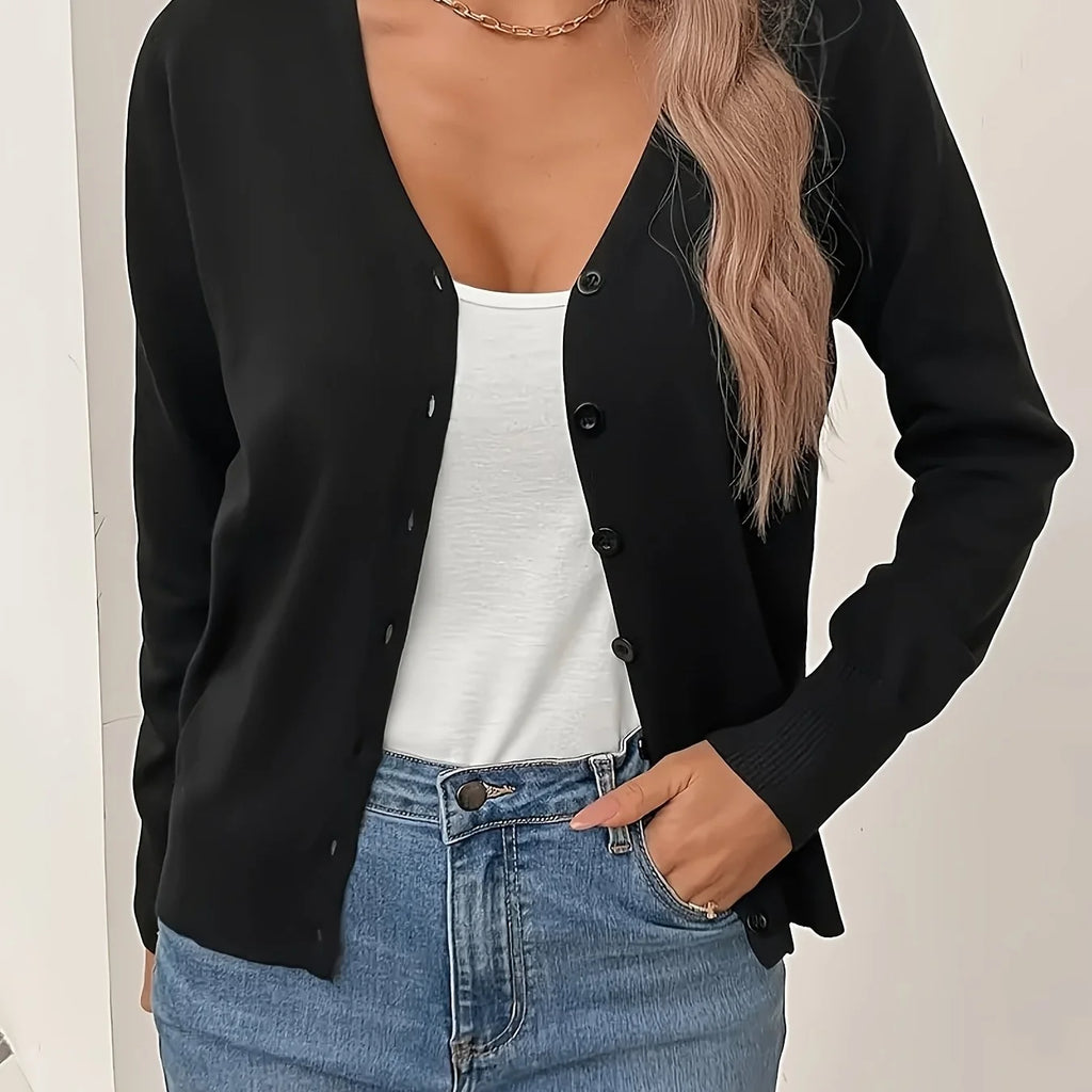 Black Women's Ribbed Cardigan with V-Neck Button-Front & Relaxed Fit