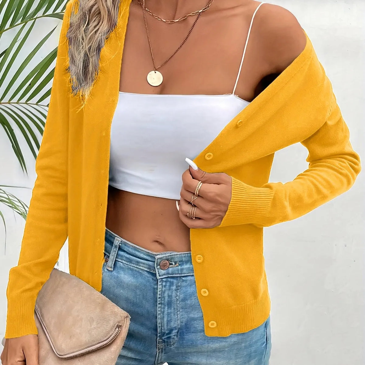 Bright Yellow Women's Ribbed Cardigan with V-Neck Button-Front & Relaxed Fit
