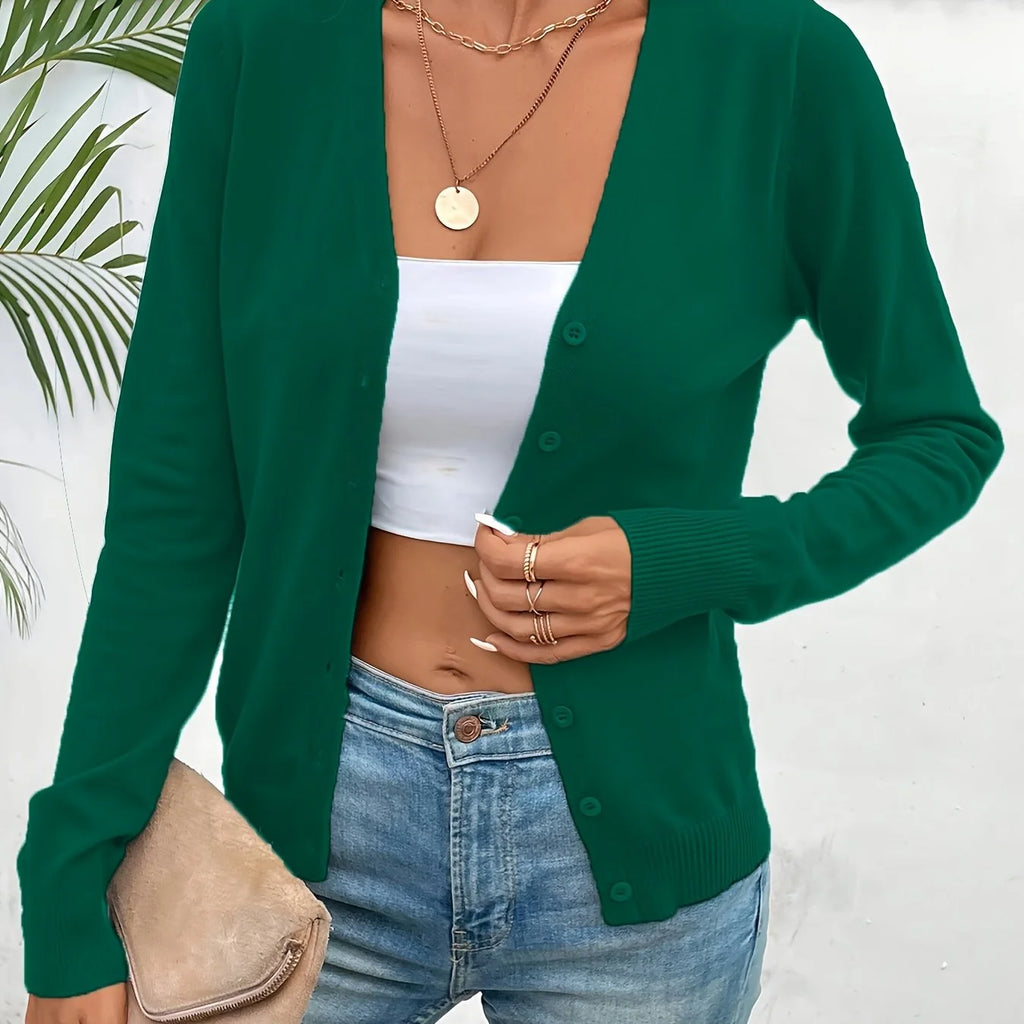 Deep Green Women's Ribbed Cardigan with V-Neck Button-Front & Relaxed Fit
