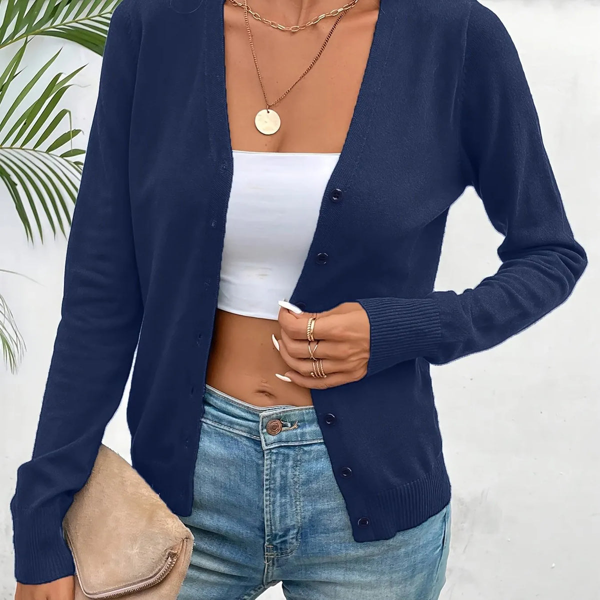 Navy Women's Ribbed Cardigan with V-Neck Button-Front & Relaxed Fit