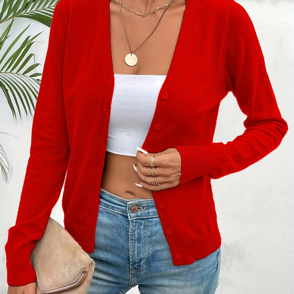 Red Women's Ribbed Cardigan with V-Neck Button-Front & Relaxed Fit