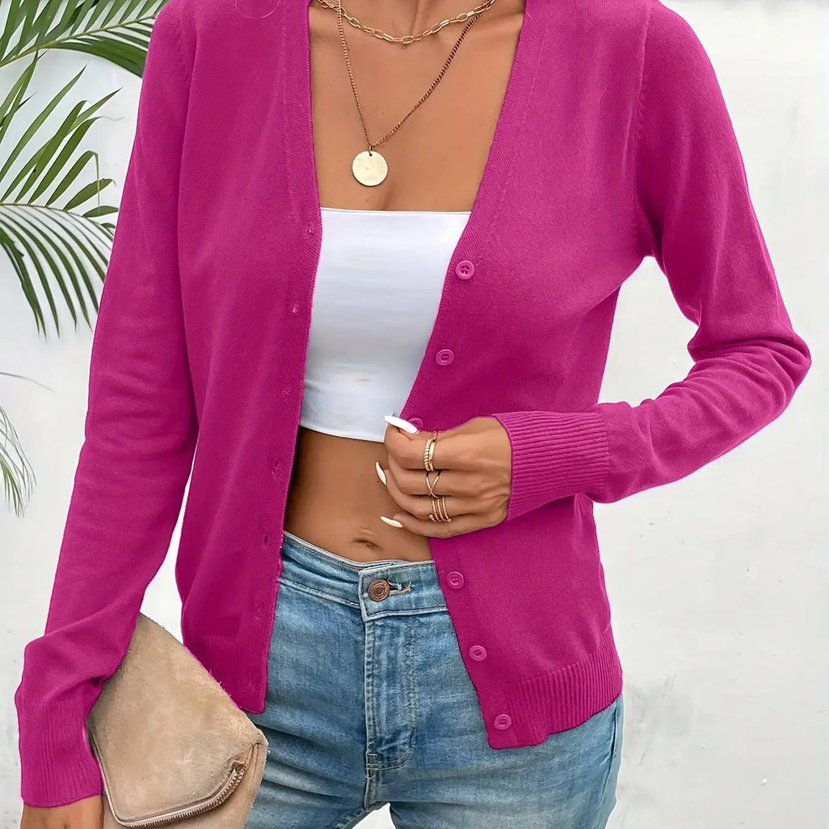 Rose Red Women's Ribbed Cardigan with V-Neck Button-Front & Relaxed Fit