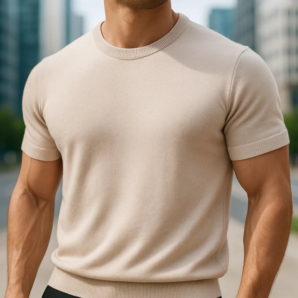 Beige Men's Knit T-Shirt with Ribbed Crew Neck & Short Sleeves — Ezra