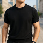 Black Men's Knit T-Shirt with Ribbed Crew Neck & Short Sleeves — Ezra