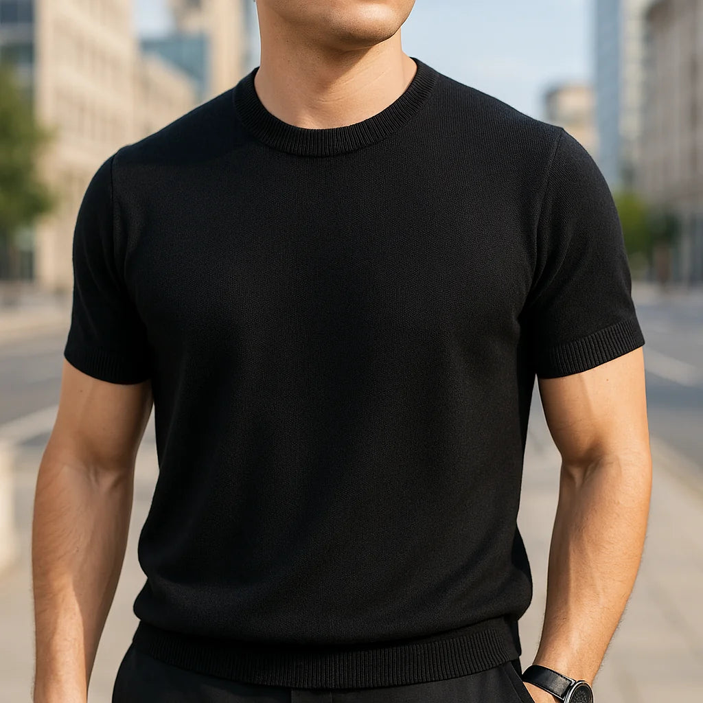 Black Men's Knit T-Shirt with Ribbed Crew Neck & Short Sleeves — Ezra