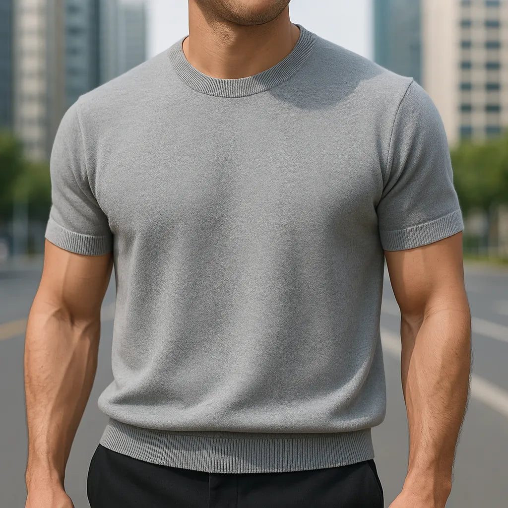 Gray Men's Knit T-Shirt with Ribbed Crew Neck & Short Sleeves — Ezra