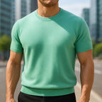 Green Men's Knit T-Shirt with Ribbed Crew Neck & Short Sleeves — Ezra