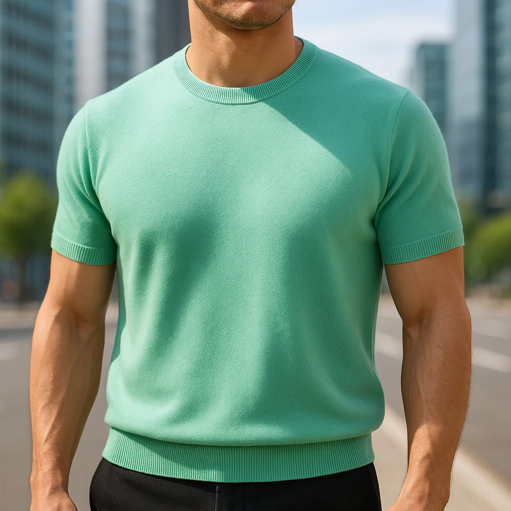 Green Men's Knit T-Shirt with Ribbed Crew Neck & Short Sleeves — Ezra