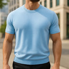 Light Blue Men's Knit T-Shirt with Ribbed Crew Neck & Short Sleeves — Ezra