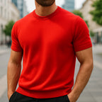 Red Men's Knit T-Shirt with Ribbed Crew Neck & Short Sleeves — Ezra