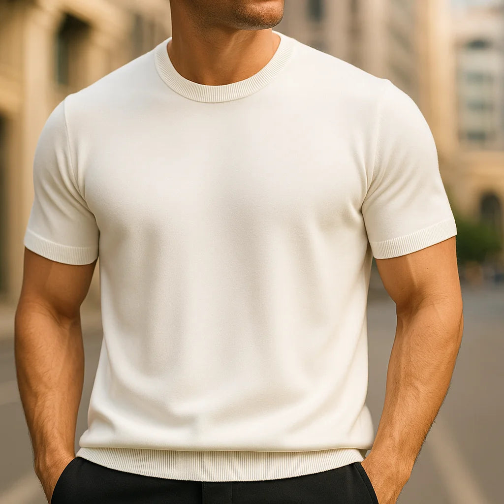 White Men's Knit T-Shirt with Ribbed Crew Neck & Short Sleeves — Ezra