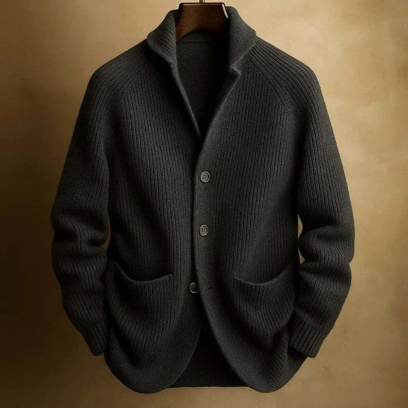 Black Men's Ribbed Knit Blazer Cardigan with Patch Pockets & Relaxed Fit - Front Texture