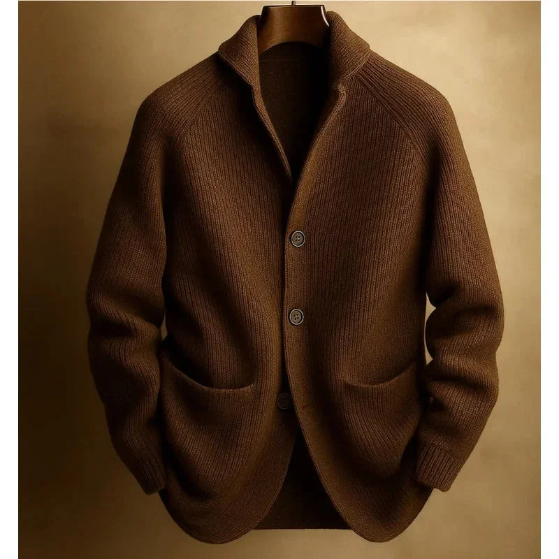 Brown Men's Ribbed Knit Blazer Cardigan with Patch Pockets & Relaxed Fit