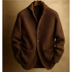 Brown Men's Ribbed Knit Blazer Cardigan with Patch Pockets & Relaxed Fit