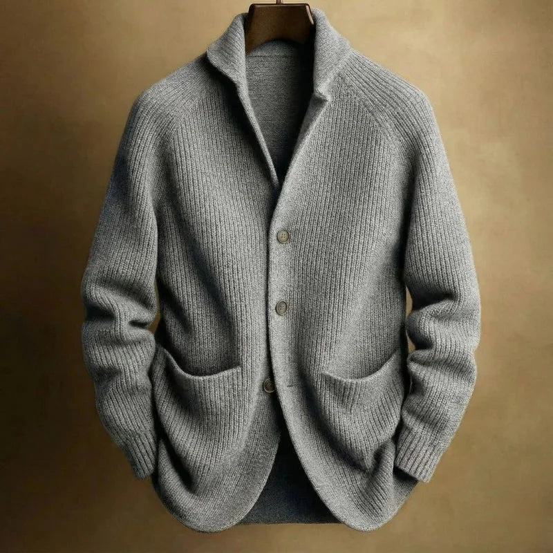 Gray Men's Ribbed Knit Blazer Cardigan with Patch Pockets & Relaxed Fit