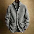 Gray Men's Ribbed Knit Blazer Cardigan with Patch Pockets & Relaxed Fit