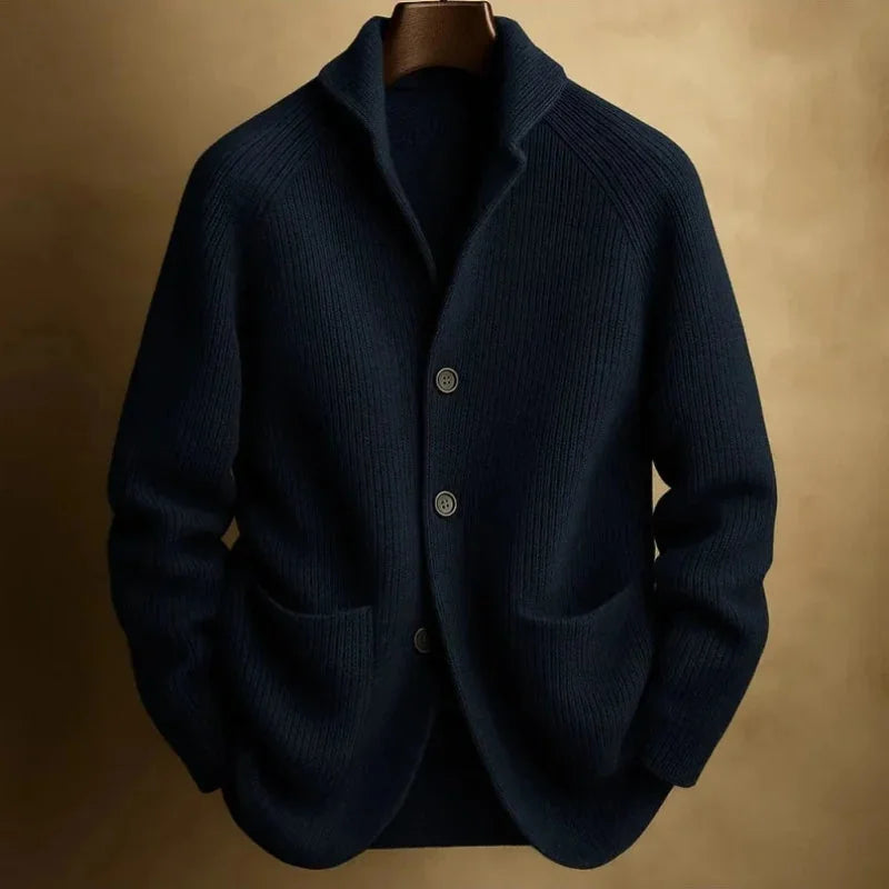 Navy Blue Men's Ribbed Knit Blazer Cardigan with Patch Pockets & Relaxed Fit