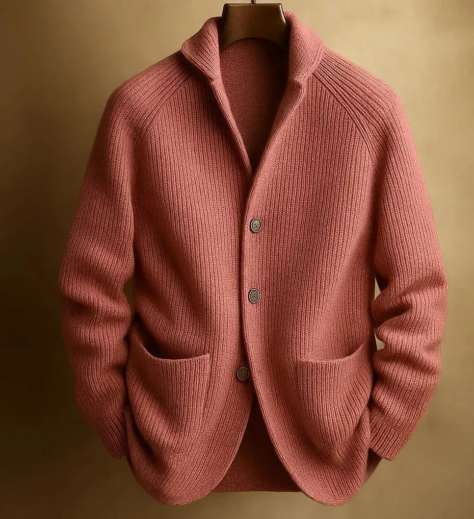 Red Men's Ribbed Knit Blazer Cardigan with Patch Pockets & Relaxed Fit