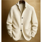 White Men's Ribbed Knit Blazer Cardigan with Patch Pockets & Relaxed Fit