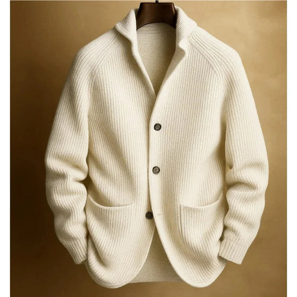 White Men's Ribbed Knit Blazer Cardigan with Patch Pockets & Relaxed Fit