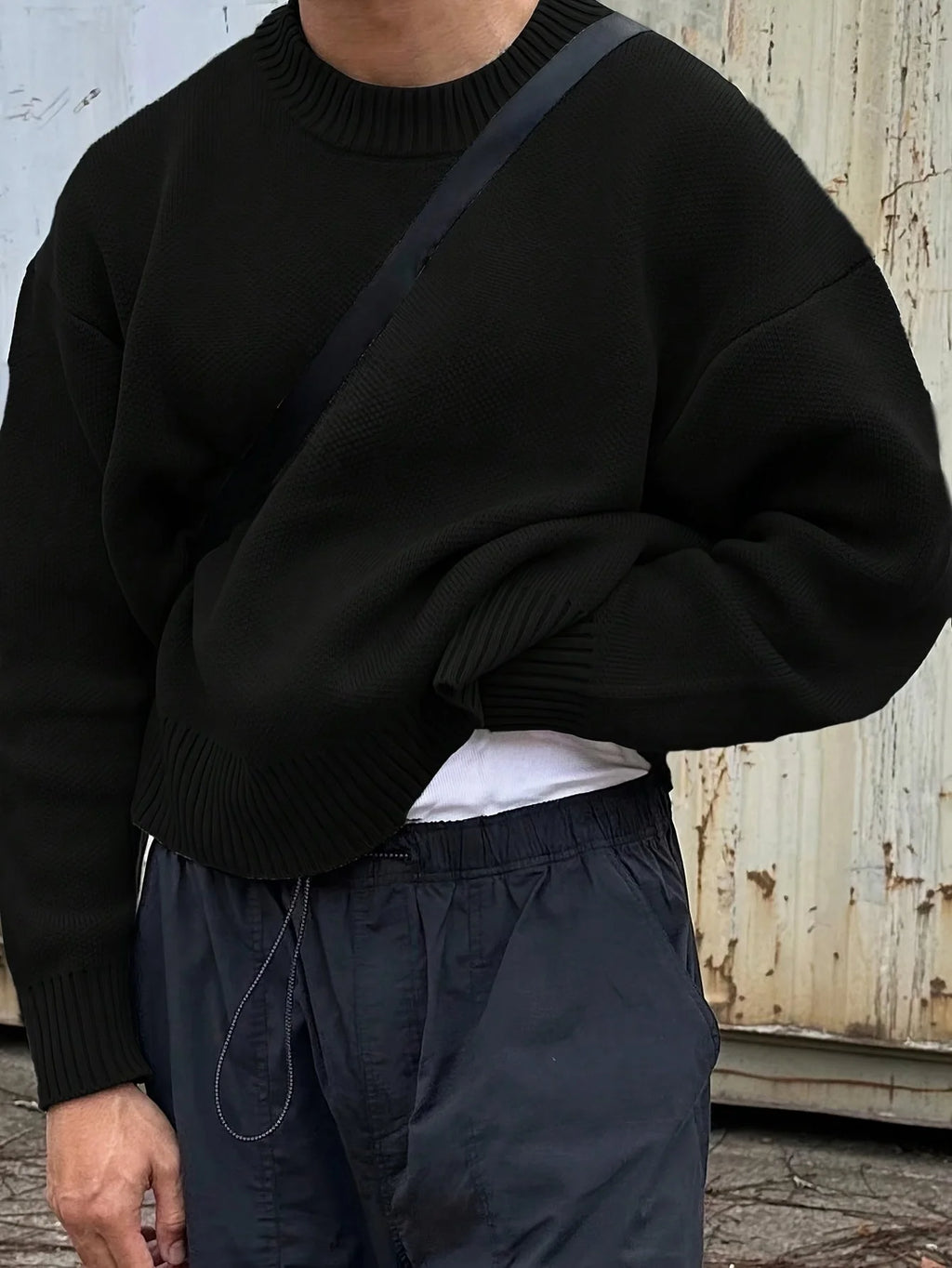 Black Men's Ribbed Knit Sweater with Crew Neck & Dropped-Shoulder Fit