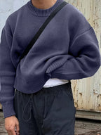 Blue Men's Ribbed Knit Sweater with Crew Neck & Dropped-Shoulder Fit