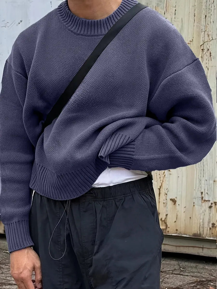 Blue Men's Ribbed Knit Sweater with Crew Neck & Dropped-Shoulder Fit