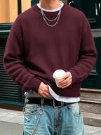 Burgundy Men's Ribbed Knit Sweater with Crew Neck & Dropped-Shoulder Fit
