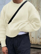 Cream Men's Ribbed Knit Sweater with Crew Neck & Dropped-Shoulder Fit