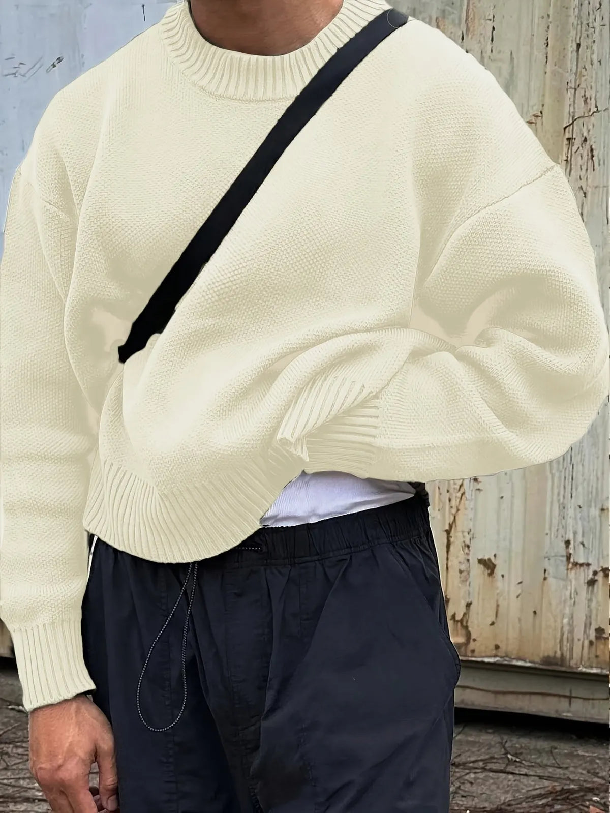 Cream Men's Ribbed Knit Sweater with Crew Neck & Dropped-Shoulder Fit