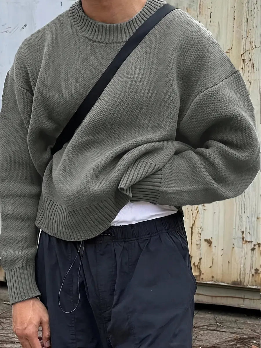 Grey Men's Ribbed Knit Sweater with Crew Neck & Dropped-Shoulder Fit