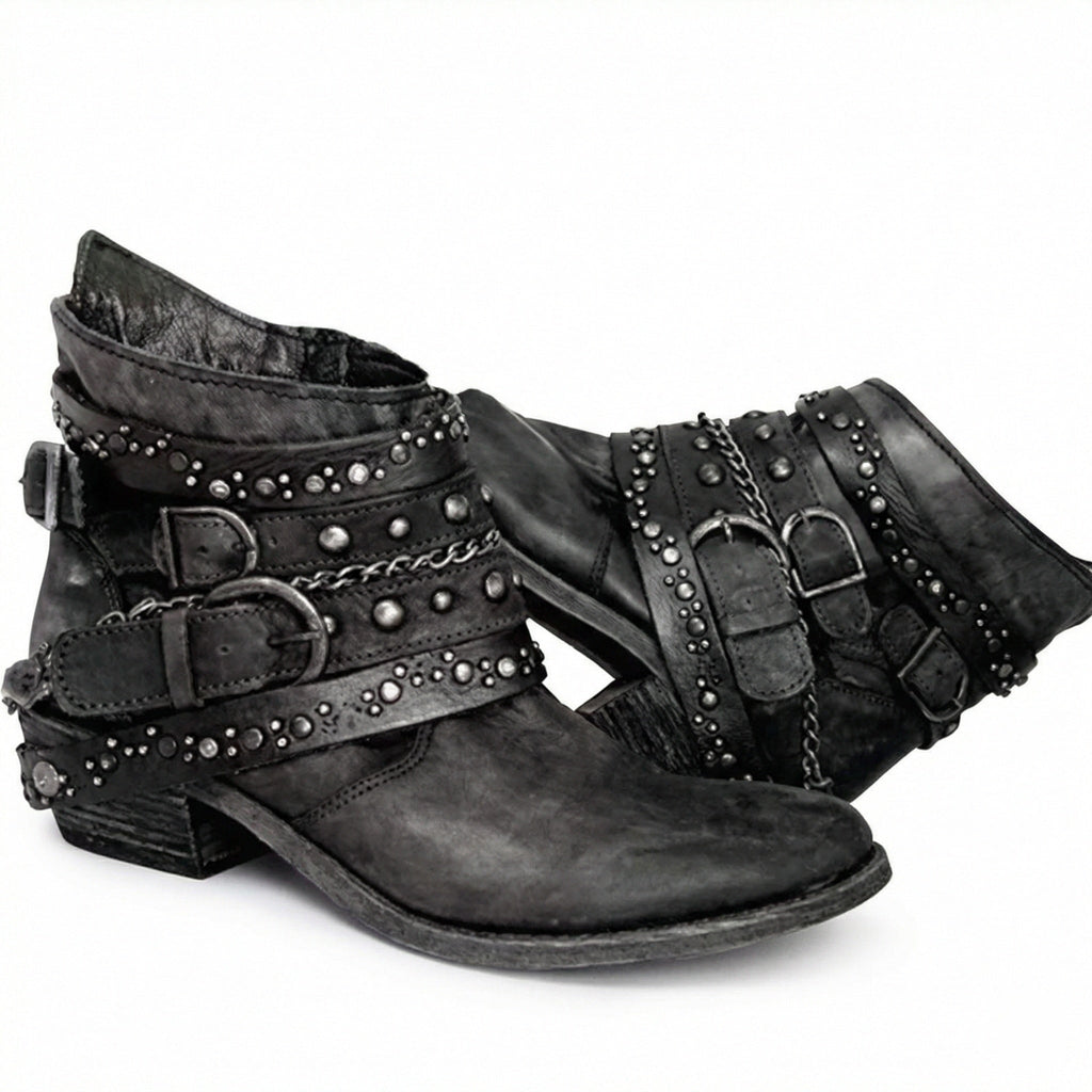 Women's Vintage Chain Boots with Studded Buckle Straps for a Relaxed Fit — Mae