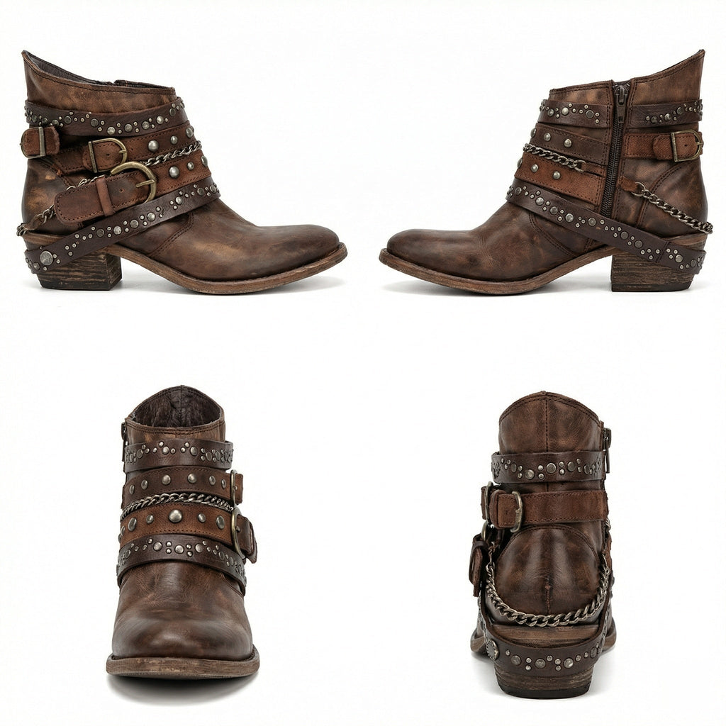 Women's Vintage Chain Boots with Studded Buckle Straps for a Relaxed Fit — Mae