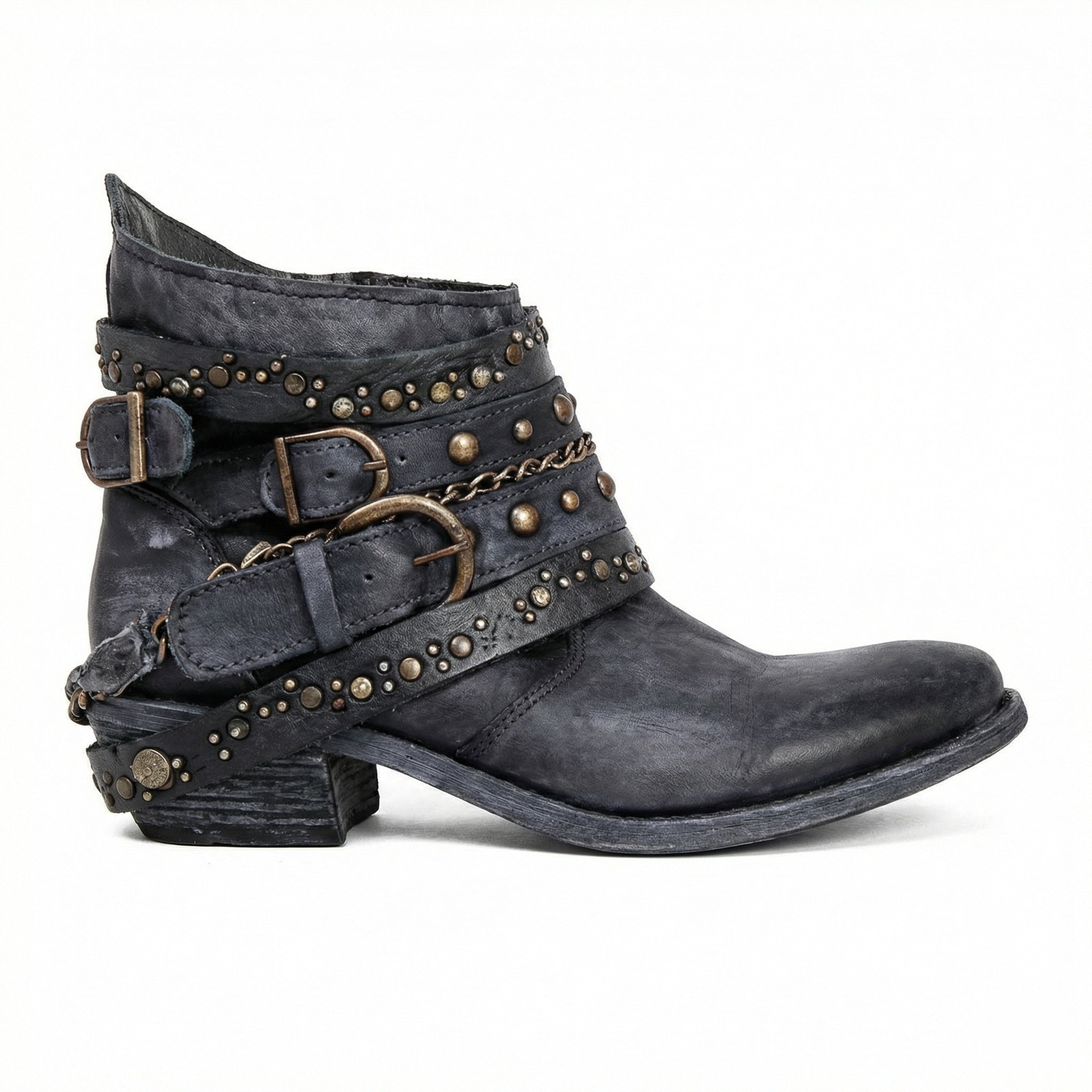 Women's Vintage Chain Boots with Studded Buckle Straps for a Relaxed Fit — Mae
